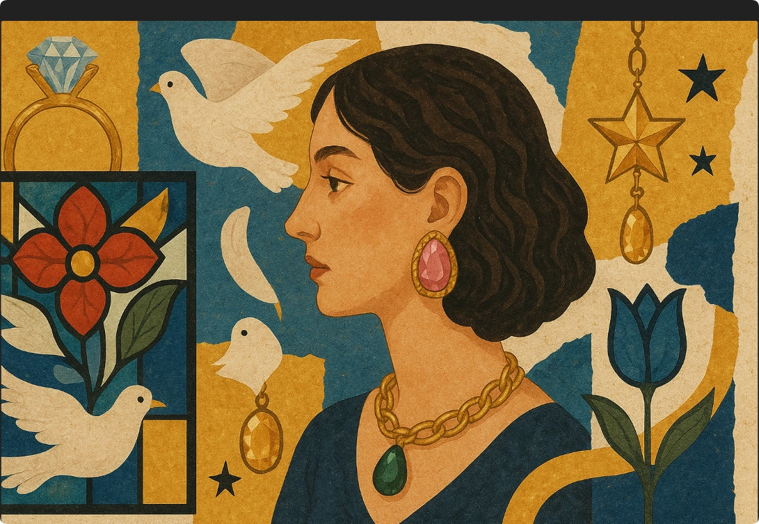 Vintage-style illustration of a woman wearing jewelry—gold chain, green pendant, pink earrings—with doves, stars and blooms. Glazenya.