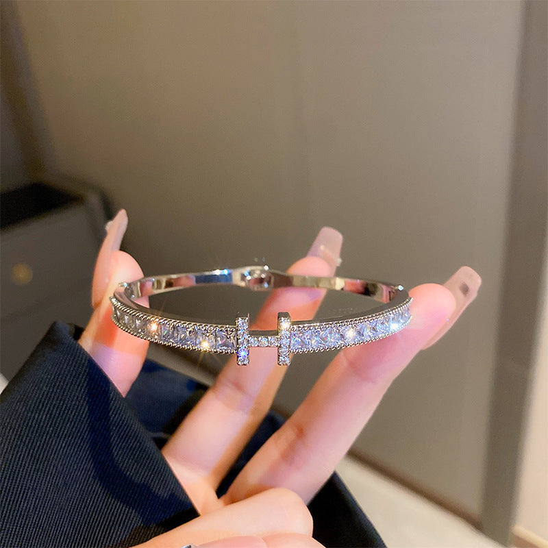 Dazzling Zircon Letter Bangle with copper base and zircon inlay – trendy cold chic jewelry
