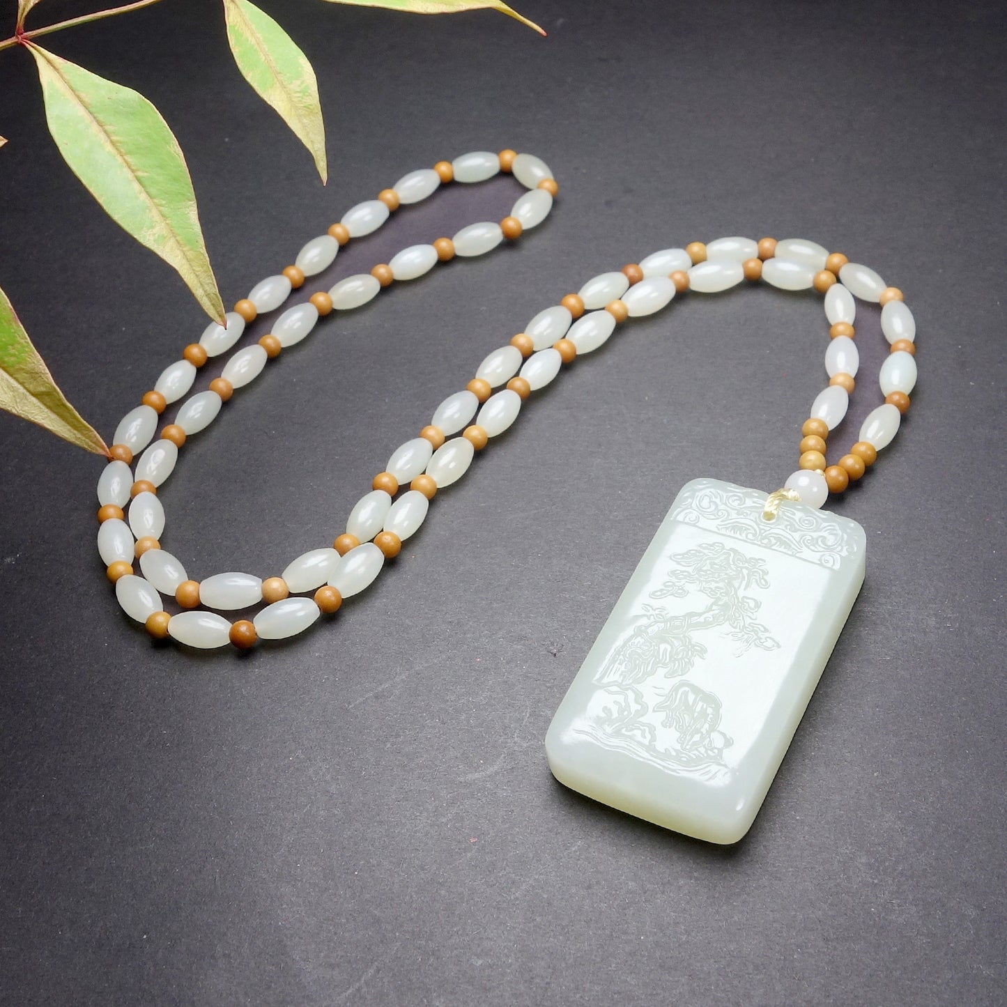 Hetian nephrite jade landscape plaque pendant – whispering pines carving, 51x28x8mm