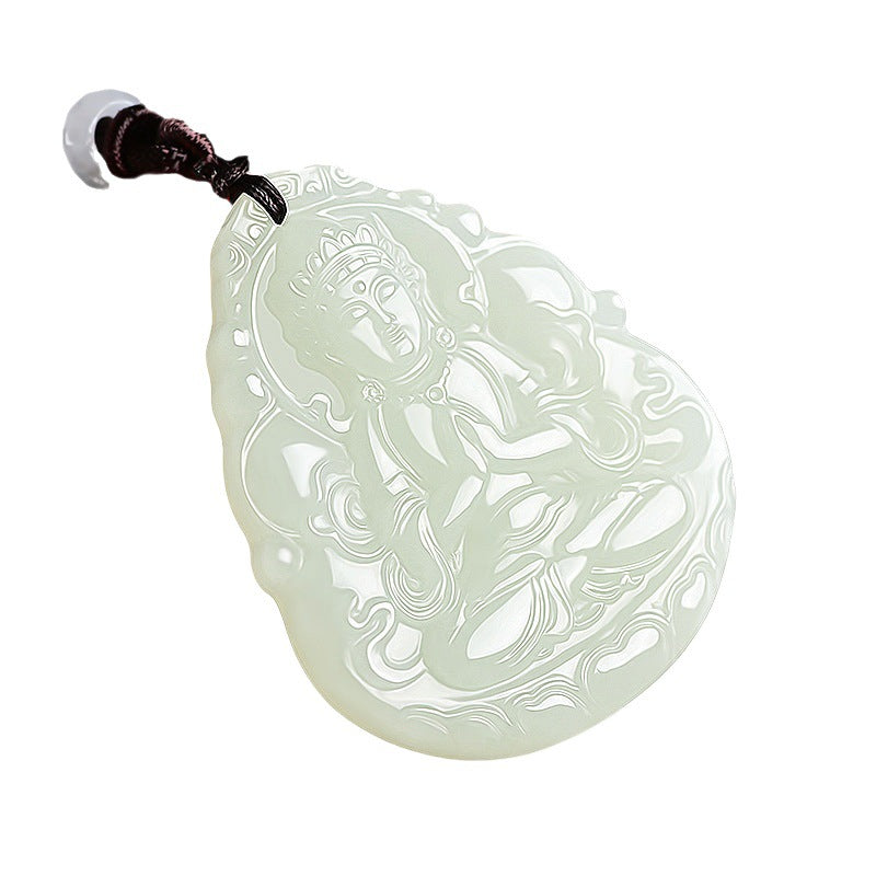 Hetian (nephrite) white jade Guanyin pendant close-up – Lotus Mercy, 57×44×7 mm