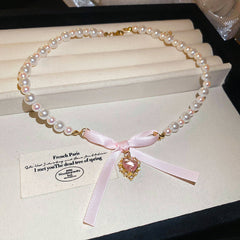 Rosélia Pearl Duo Necklace & Bracelet in rose-tinted pearls – French vintage chic jewelry
