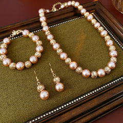 Regal Filigree Pearl Collection – champagne pearl necklace, bracelet, and earrings set by Glazenya