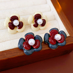 Floral enamel stud earrings with pearl center, white and red petals, 2 cm, silver-tone posts