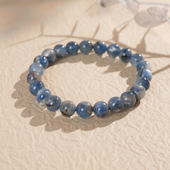 Blue crystal beaded bracelet with gold-tone spacers, shown in 6 mm and 8 mm options — Indigo Mist Crystal Bracelet by Glazenya.