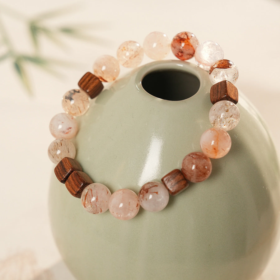 Natural rutilated quartz and sandalwood beaded bracelet — Amberwood Harmony Bracelet by Glazenya.