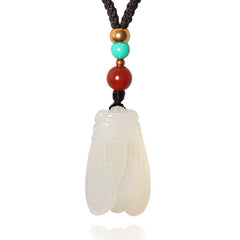 Hand-carved Hetian (nephrite) jade cicada pendant with glossy white finish — Celestial Song Hetian Jade Pendant.