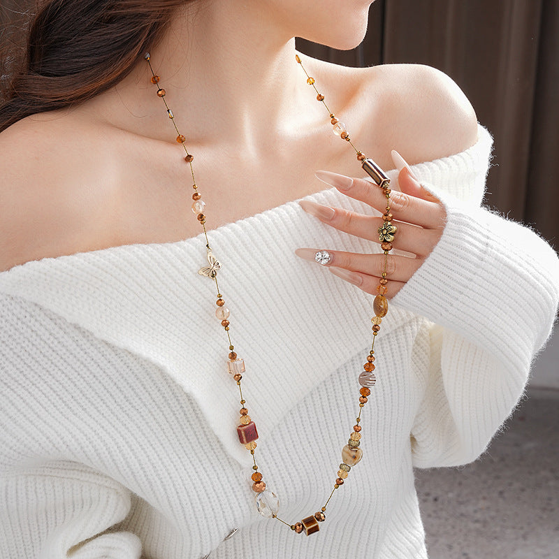 Glazenya Retro Ethnic Geometric Ceramic Long Necklace — handcrafted brown ceramic sweater chain with high-end autumn winter ethnic style design.
