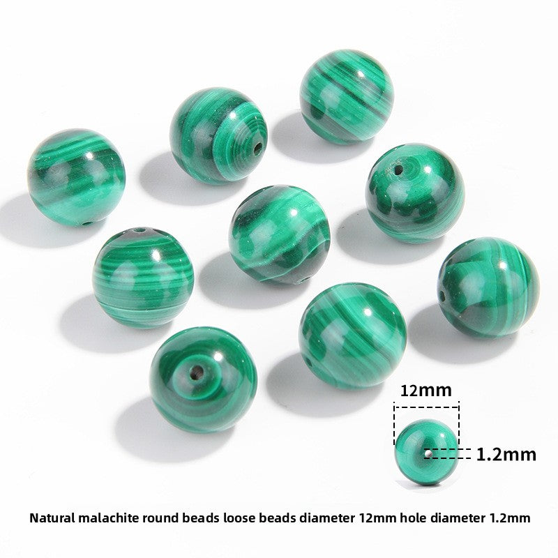 Malachite round beads with green banded “peacock” patterns, polished, assorted 4–12 mm — Peacock Veins.