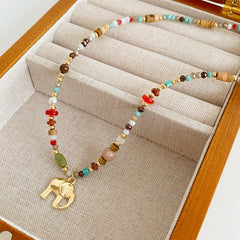 Elephant charm colorful glass bead necklace – vintage ethnic collarbone chain light luxury women’s jewelry