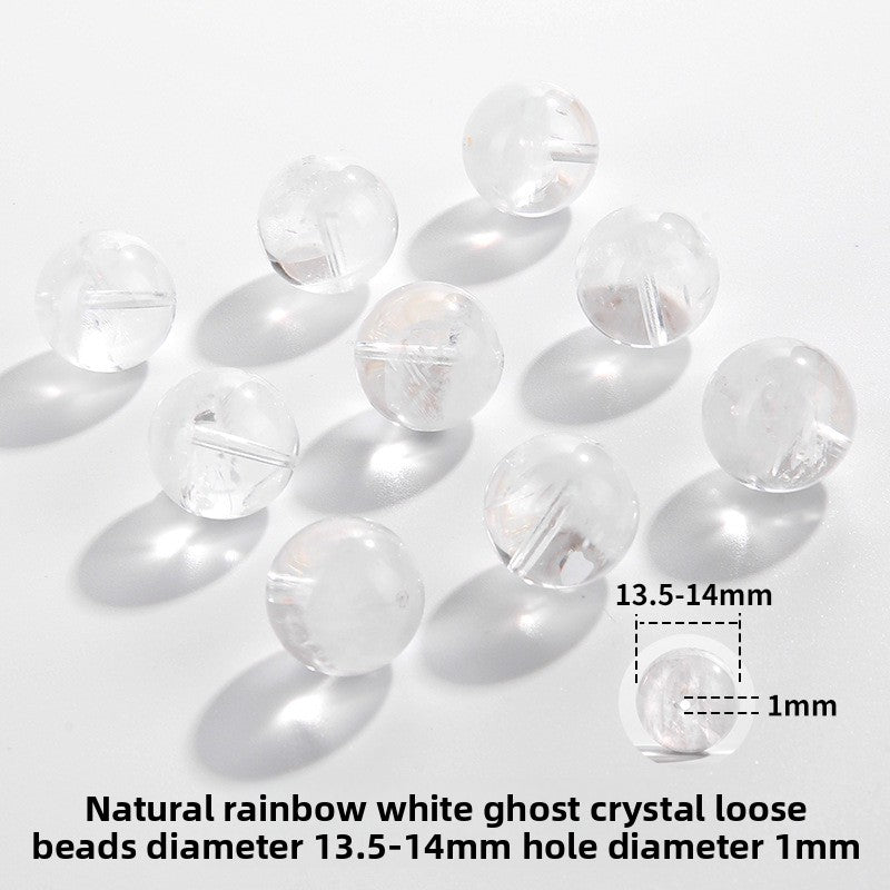 Clear quartz crystal rounds with white phantom inclusions and faint rainbow flash — Frostbow Atrium (7–14 mm).
