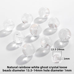 Clear quartz crystal rounds with white phantom inclusions and faint rainbow flash — Frostbow Atrium (7–14 mm).