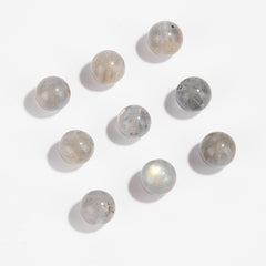 Gray moonstone round beads showing blue adularescence, polished, assorted 4/6/8/9 mm — Frostlit Moon.