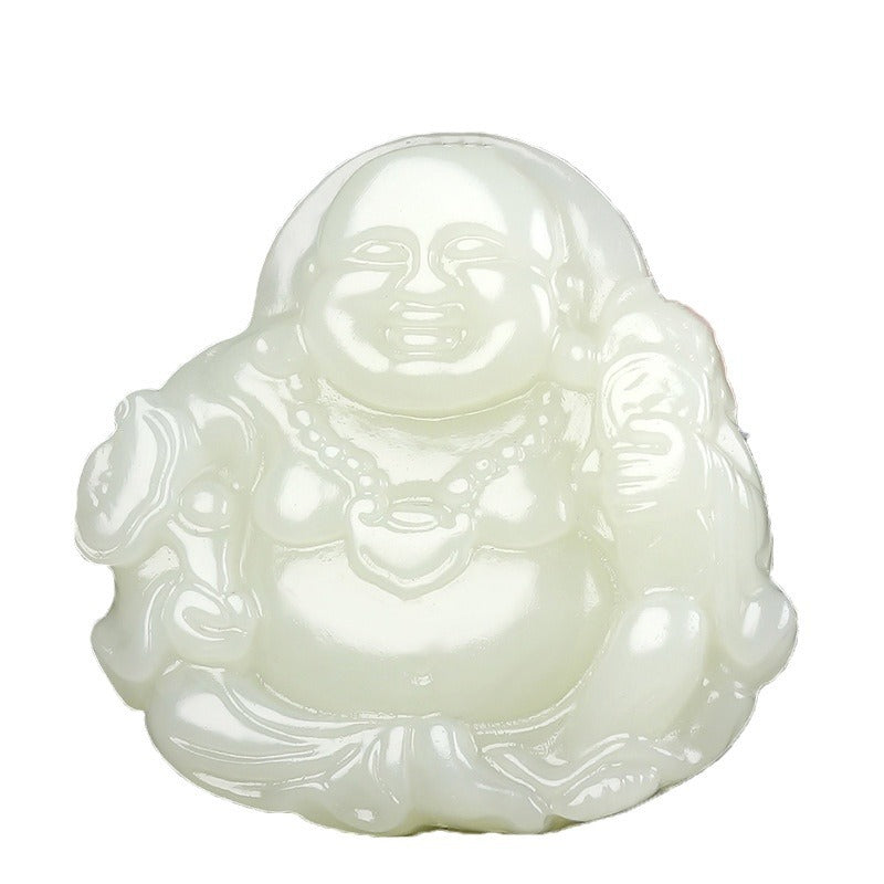 Hetian (nephrite) white jade Buddha pendant close-up – Prospering Joy, 41×41×11 mm