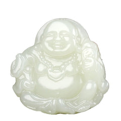 Hetian (nephrite) white jade Buddha pendant close-up – Prospering Joy, 41×41×11 mm