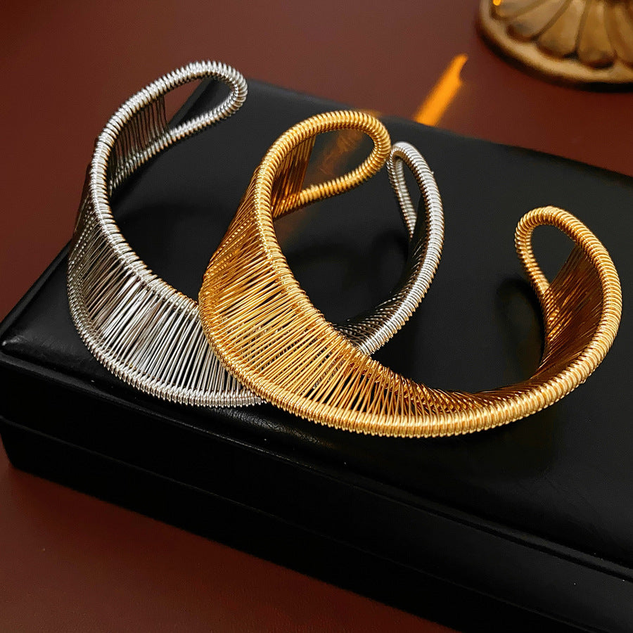 Sculptural gold and silver copper wire open cuff bracelets — Aurora Thread Cuff Bracelet by Glazenya.