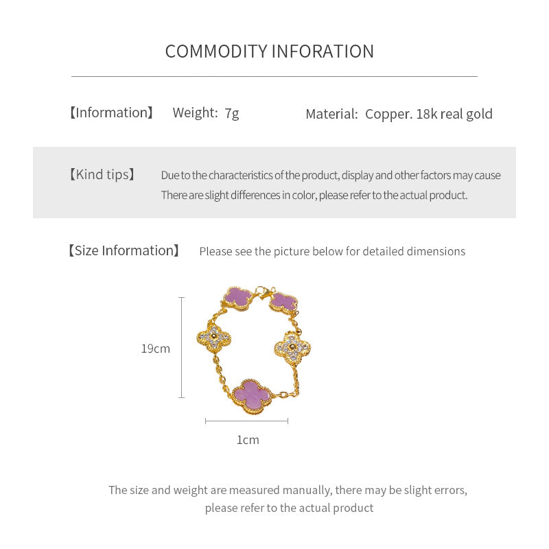 Violet Fleur Elegance Bracelet with violet clover motifs and golden beaded frames on chain