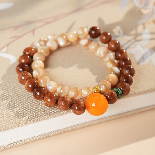 Dual-strand natural stone bracelet with amber centerpiece and shell beads in warm brown and beige tones – Glazenya light luxury jewelry