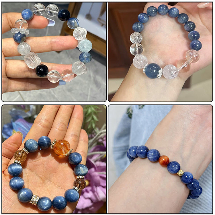 Natural blue kyanite round beads showing cat’s-eye sheen and striations — Sea-Squall Gaze (8–12 mm).