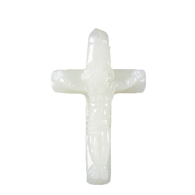 Hetian (nephrite) white jade crucifix pendant close-up – Sacred Light, 48×29×9 mm