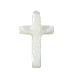 Hetian (nephrite) white jade crucifix pendant close-up – Sacred Light, 48×29×9 mm