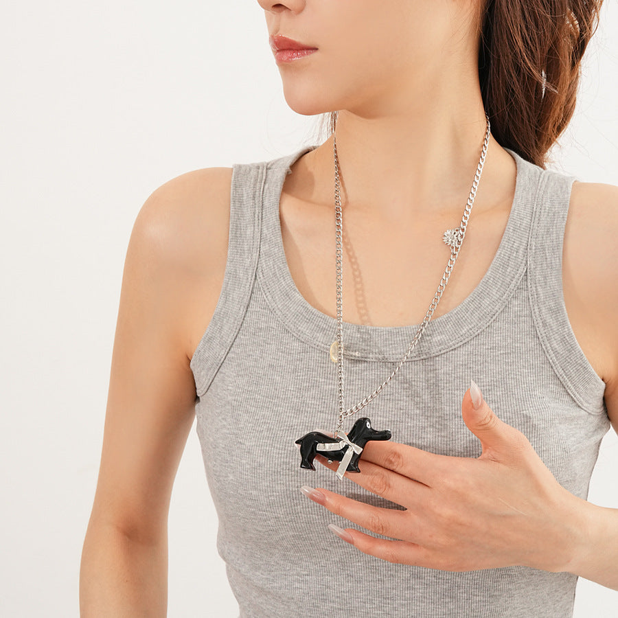 Silver-tone chain necklace with glossy resin dachshund pendant — Coffee and Black options — Dapper Dachshund Charm Necklace.