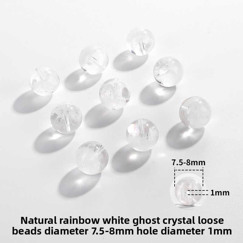 Clear quartz crystal rounds with white phantom inclusions and faint rainbow flash — Frostbow Atrium (7–14 mm).