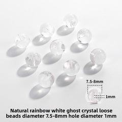 Clear quartz crystal rounds with white phantom inclusions and faint rainbow flash — Frostbow Atrium (7–14 mm).