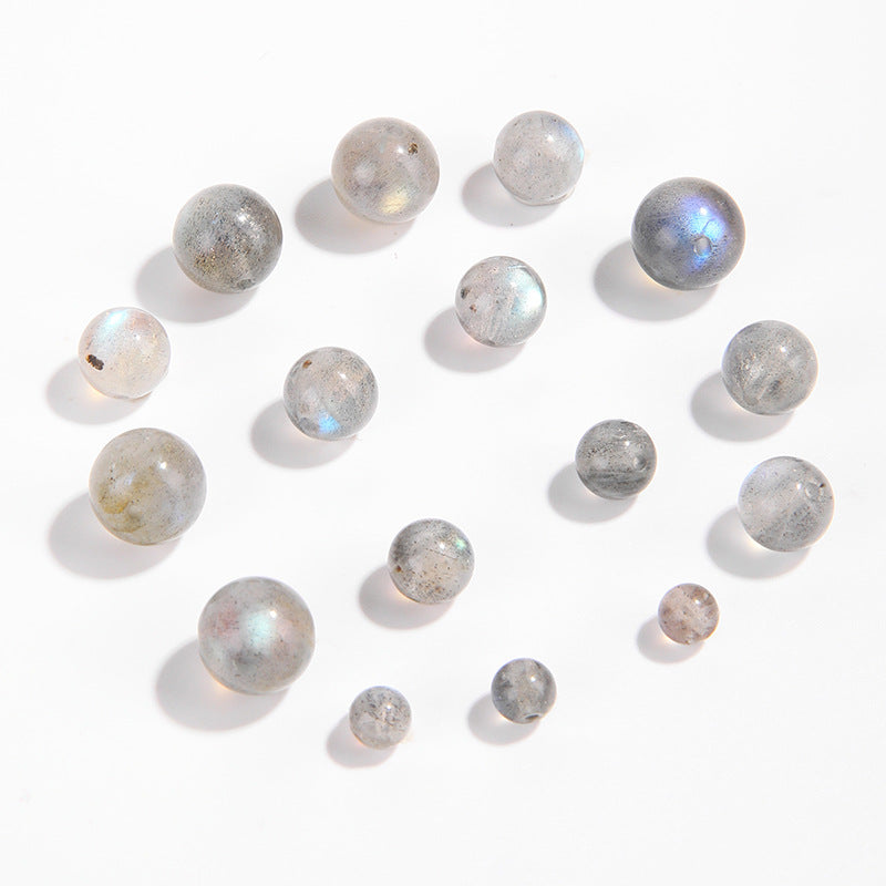 Gray moonstone round beads showing blue adularescence, polished, assorted 4/6/8/9 mm — Frostlit Moon.