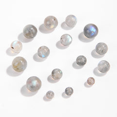 Gray moonstone round beads showing blue adularescence, polished, assorted 4/6/8/9 mm — Frostlit Moon.