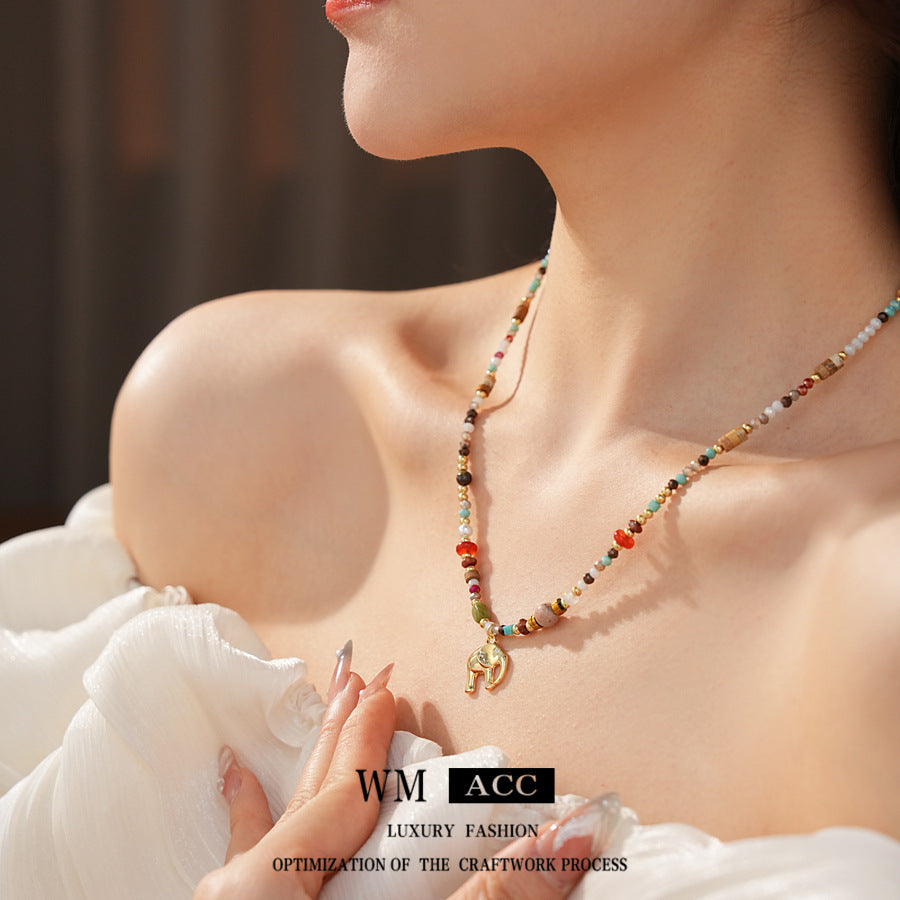Elephant charm colorful glass bead necklace – vintage ethnic collarbone chain light luxury women’s jewelry