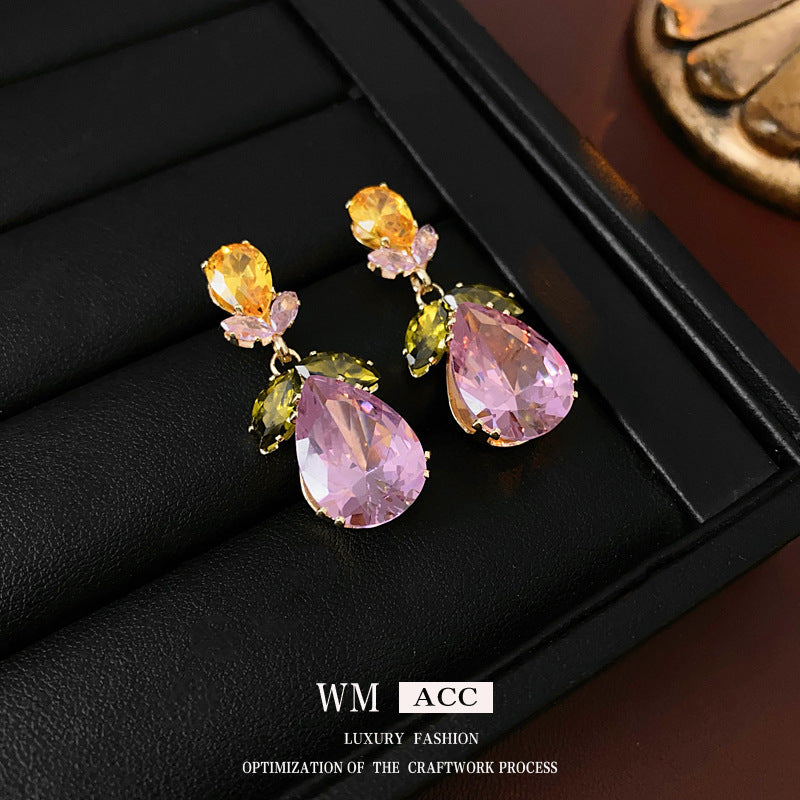 Glazenya Celestial Leaf Zircon Drop Jewelry Set — colorful water-drop zircon stones with leaf motifs; light-luxury necklace set with matching earrings and bracelet/ring variants
