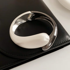 Fluid Fusion Duo Bangle in Gold and Silver – sculptural hinged design, high-gloss finish – Glazenya