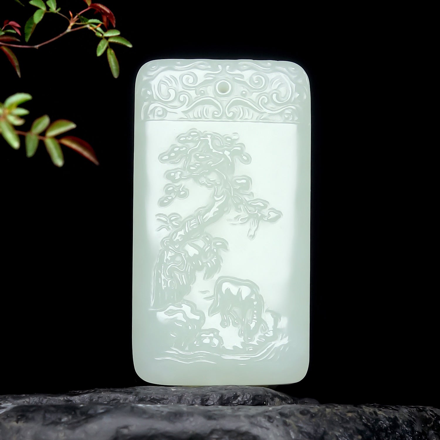 Hetian nephrite jade landscape plaque pendant – whispering pines carving, 51x28x8mm