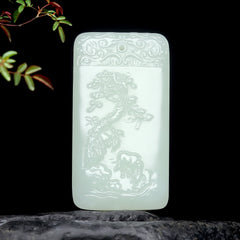 Hetian nephrite jade landscape plaque pendant – whispering pines carving, 51x28x8mm