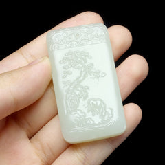 Hetian nephrite jade landscape plaque pendant – whispering pines carving, 51x28x8mm