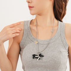 Silver-tone chain necklace with glossy resin dachshund pendant — Coffee and Black options — Dapper Dachshund Charm Necklace.
