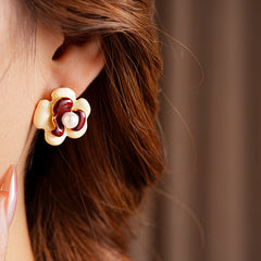 Floral enamel stud earrings with pearl center, white and red petals, 2 cm, silver-tone posts