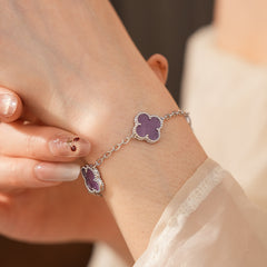 Violet Fleur Elegance Bracelet with violet clover motifs and golden beaded frames on chain