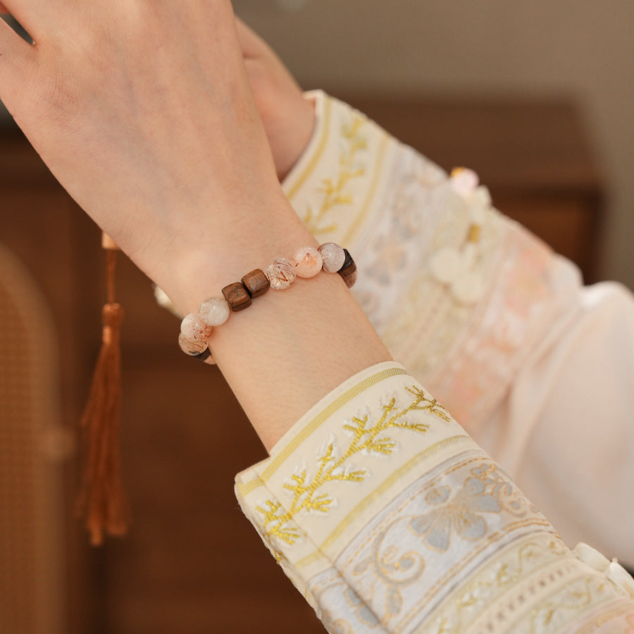 Natural rutilated quartz and sandalwood beaded bracelet — Amberwood Harmony Bracelet by Glazenya.