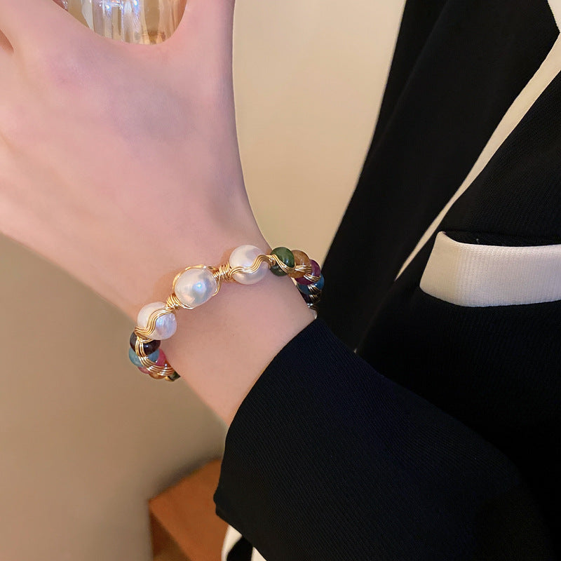 Aurora Pearl Gemstone Bracelet – Handcrafted luxury bracelet with freshwater pearls and multicolor natural gemstones, gold wire detail – Glazenya