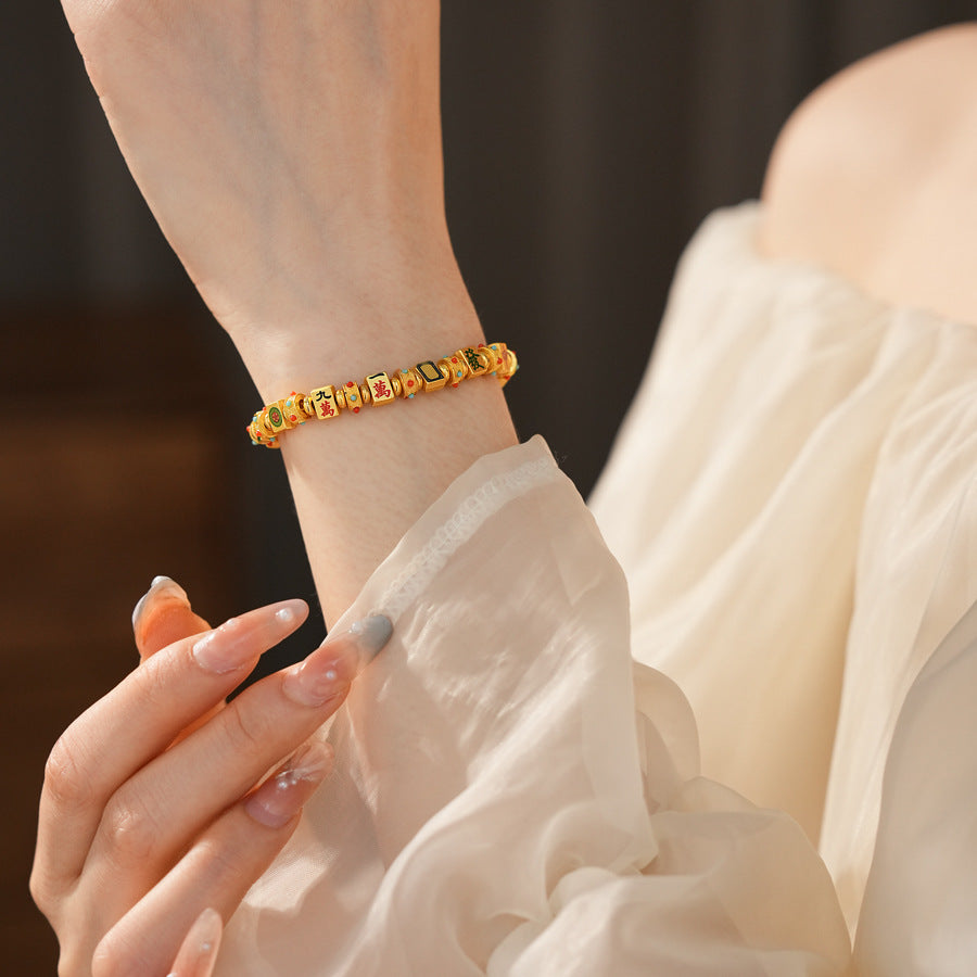Fortune Mahjong Enamel Bracelet with golden finish and colorful enamel – Oriental vintage chic jewelry
