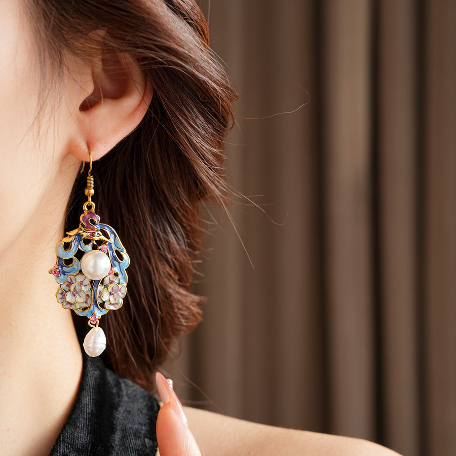 Vintage enamel floral drop earrings with imitation pearls and pink rhinestone accents — Enchanted Blossom Pearl Earrings.