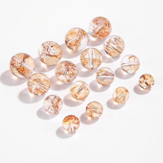 Clear crystal round beads with embedded gold foil and floral flakes — Gilded Bloom (8/10/12/14 mm).