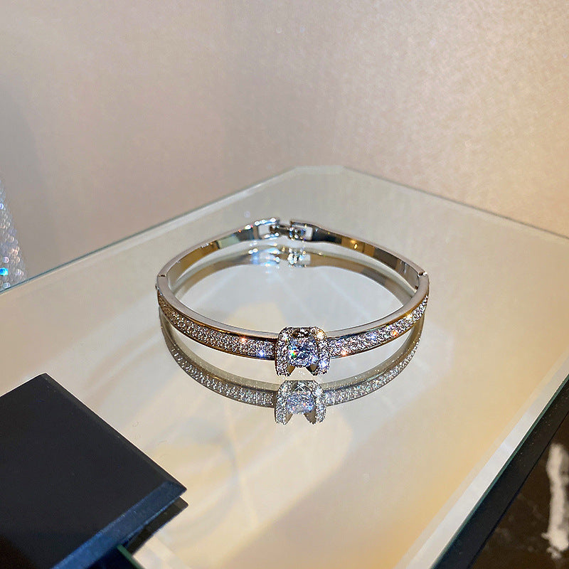 Dazzling Zircon Letter Bangle with copper base and zircon inlay – trendy cold chic jewelry
