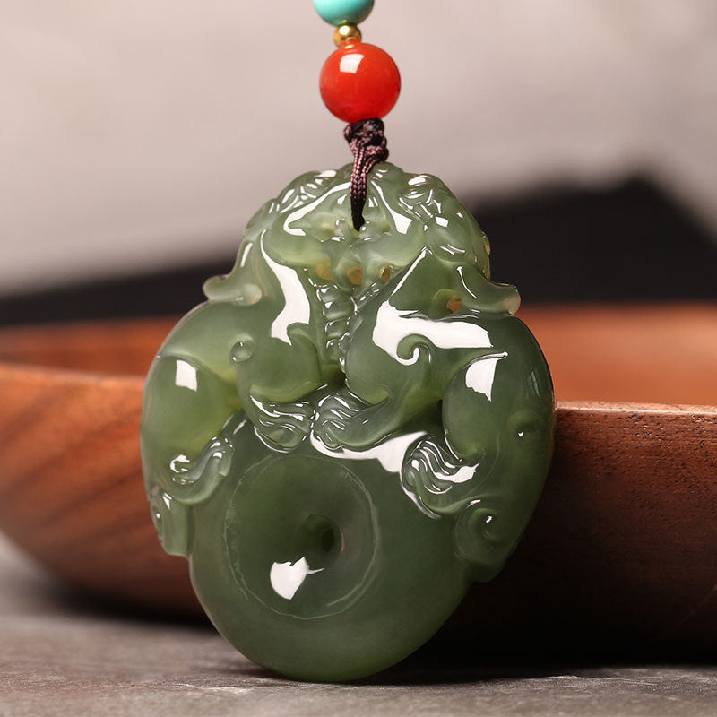 Hand-carved Hetian (nephrite) jade Pi Xiu pendant in glossy celadon green — Fortune Guardian Hetian Jade Pendant.