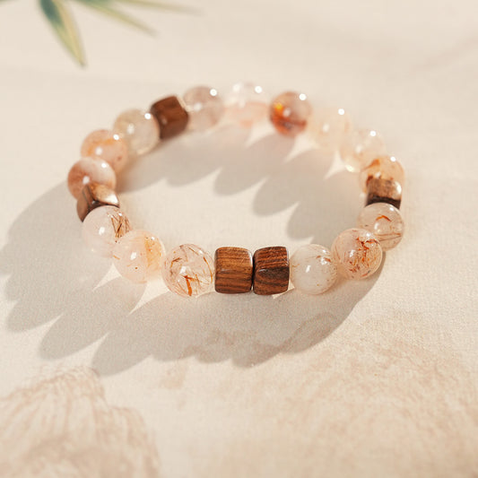Natural rutilated quartz and sandalwood beaded bracelet — Amberwood Harmony Bracelet by Glazenya.