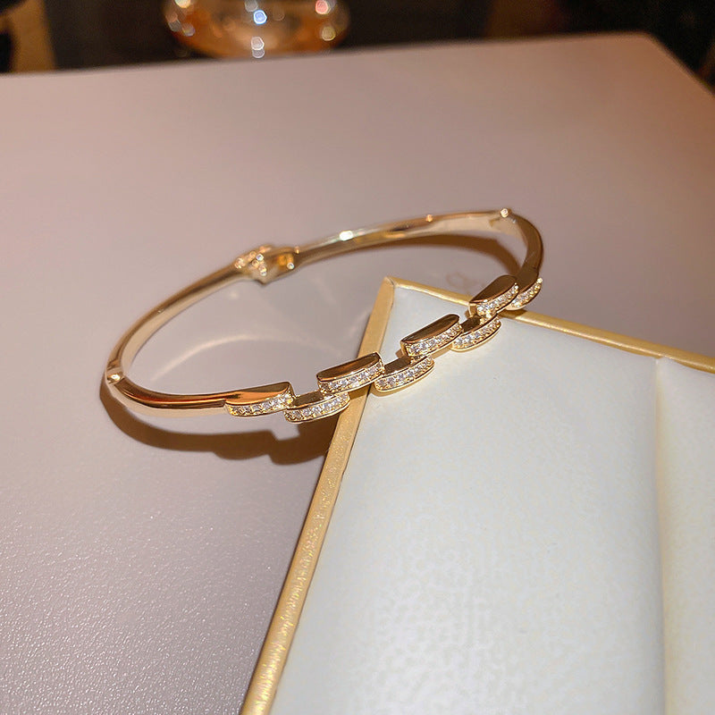 Dazzling Zircon Letter Bangle with copper base and zircon inlay – trendy cold chic jewelry
