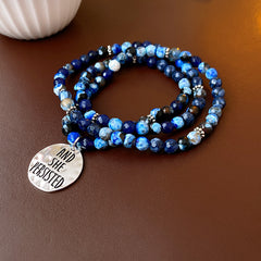 Multi-wrap blue agate bracelet with “AND SHE PERSISTED” charm — Ocean Resolve Bracelet by Glazenya.