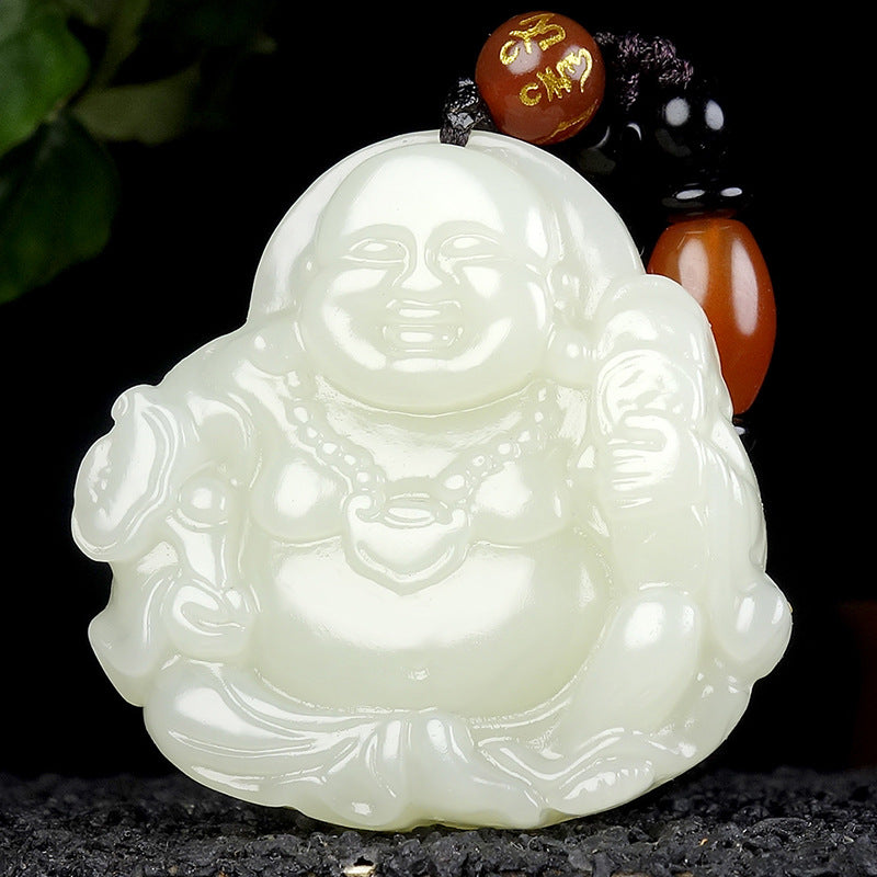 Hetian (nephrite) white jade Buddha pendant close-up – Prospering Joy, 41×41×11 mm