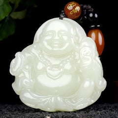 Hetian (nephrite) white jade Buddha pendant close-up – Prospering Joy, 41×41×11 mm